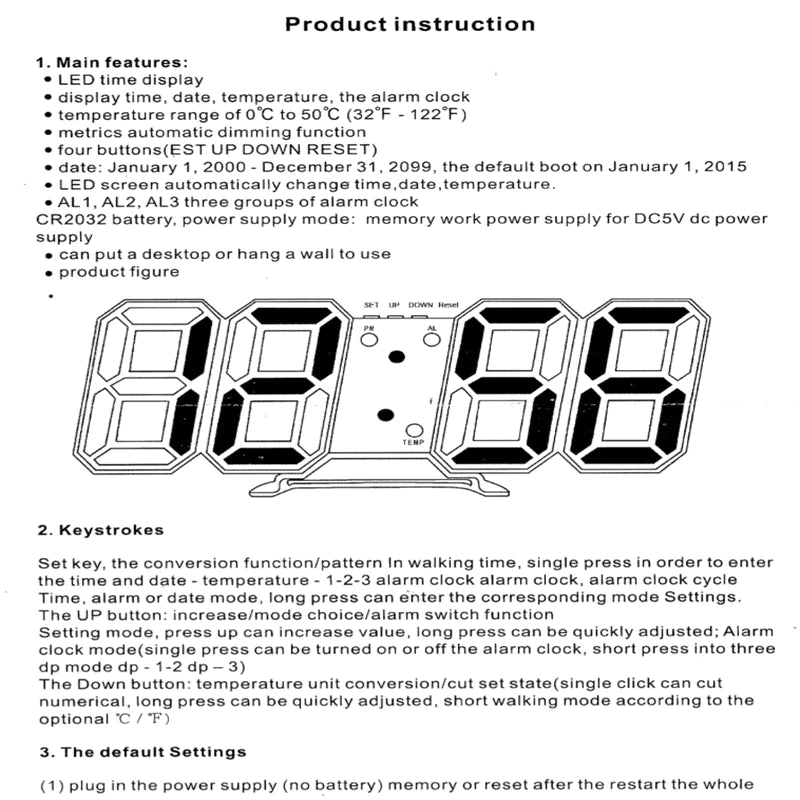 Digital 3D LED Big Wall Desk Alarm Clock Snooze 12/24 Hours Auto Brightness USB